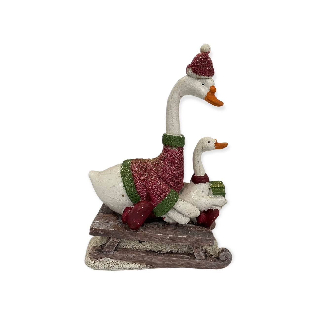 Bild Mutter Gans mit Kind auf Schlitten – Weihnachtsdekoration