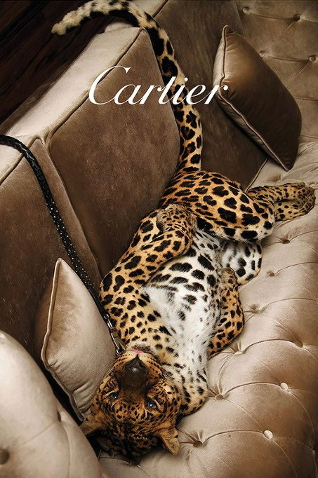 glasschilderij met gouden lijst van een liggend luipaard op een bank van Cartier
