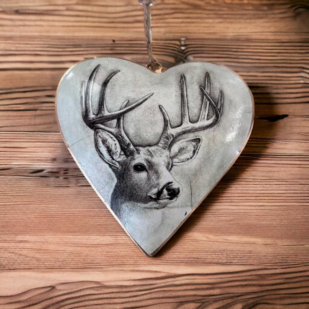 Grijze metalen kerst hanger in hartvorm met afbeelding van een hert en gouden rand – 15,4 cm – Bell Arte
