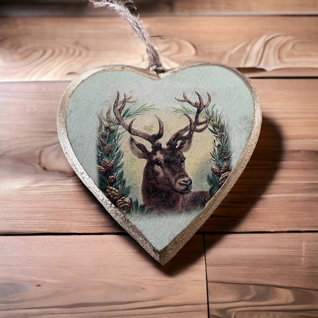 Houten kerst hanger in hartvorm met afbeelding van een hert en gouden rand – 11 cm – Bell Arte