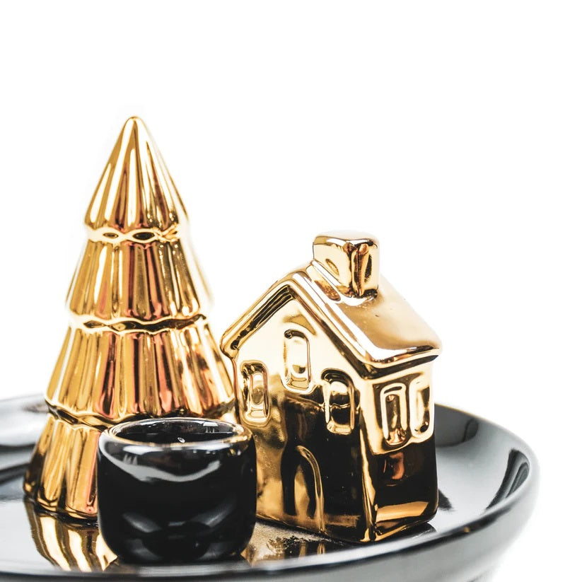 Kandelaar Schaaltje Kerstboom & Huisje – Zwart & Goud