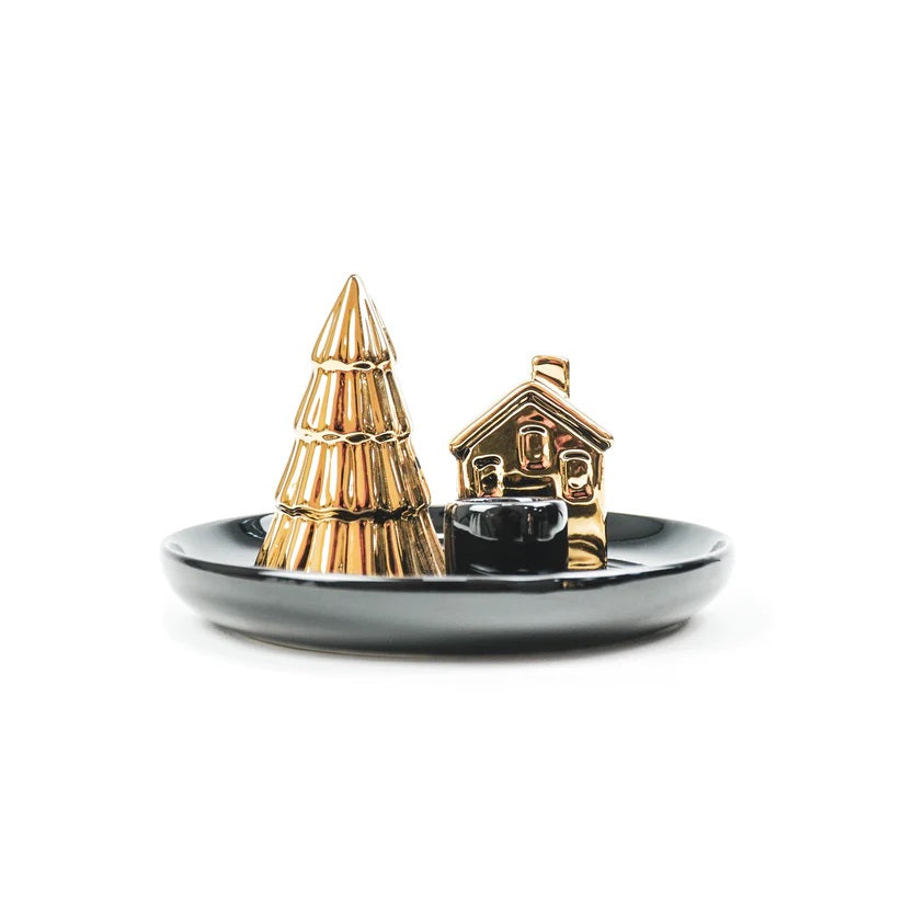 Kandelaar Schaaltje Kerstboom & Huisje – Zwart & Goud