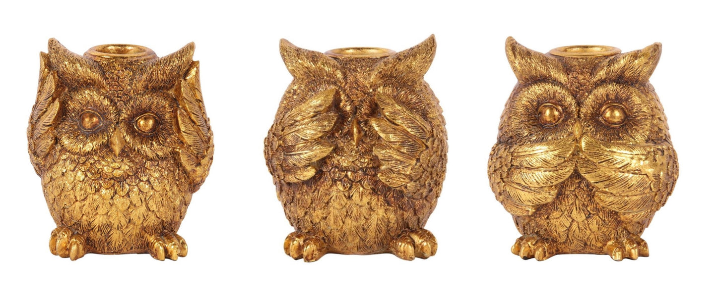Golden Owl Candlestick – Hear, See or Speak No Evil – 9 cm
