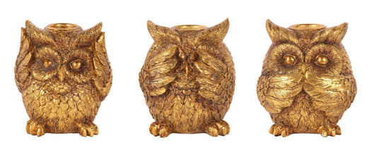 Gouden Uil Kandelaar – Horen, Zien of Zwijgen – 9 cm