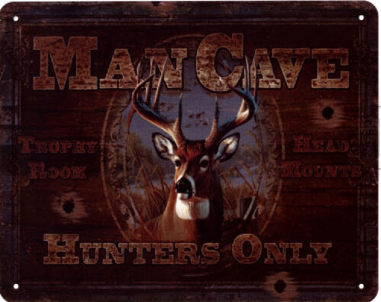 Vintage metalen wandplaat met hert en tekst “Man Cave Hunters Only” – 20x25 cm – rustieke decoratie