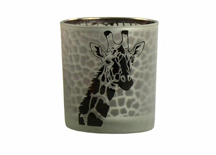 Groot glazen windlicht met giraffe‑illustratie en dierenprint – melk‑wit glas