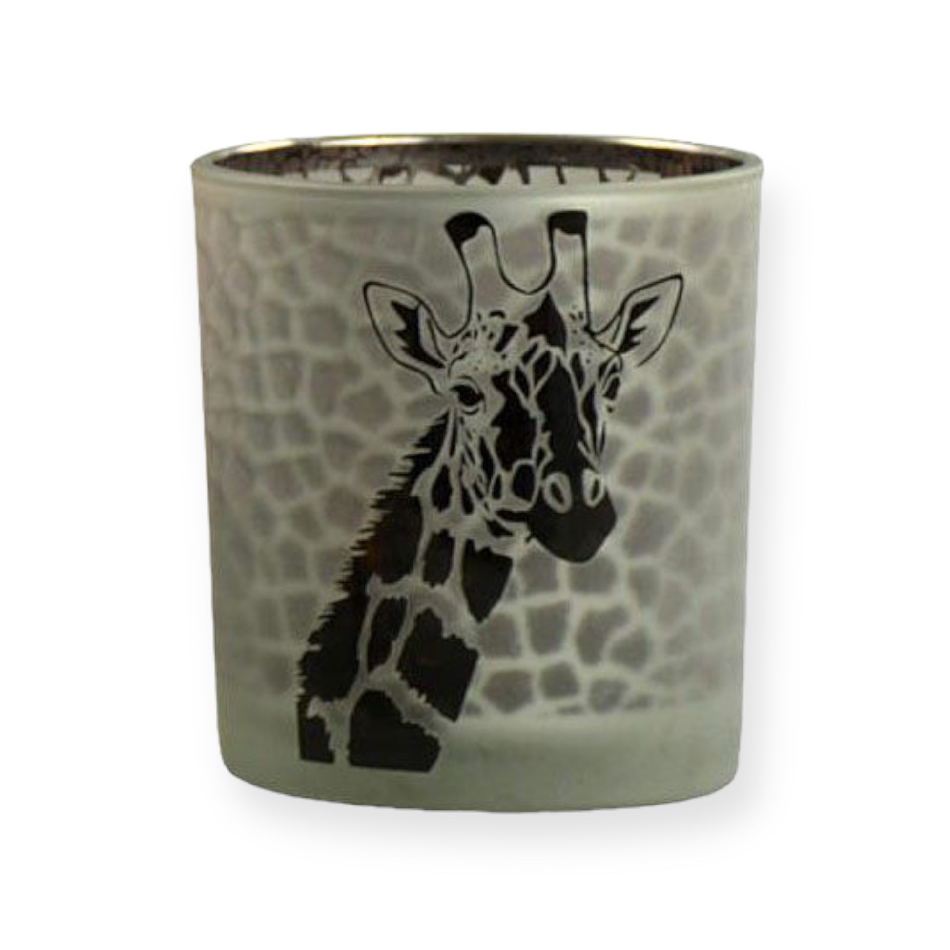 Groot glazen windlicht met giraffe‑illustratie en dierenprint – melk‑wit glas