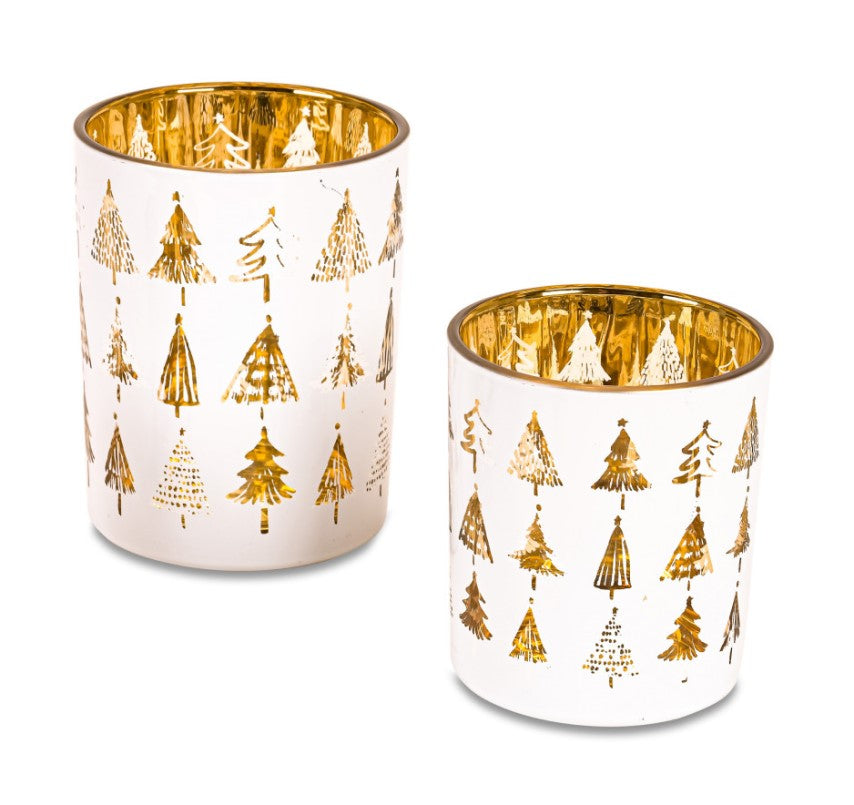 Witte glazen theelichthouders met gouden kerstbomen – keuze uit groot Ø10x12,5 cm of klein Ø8,8x10 cm