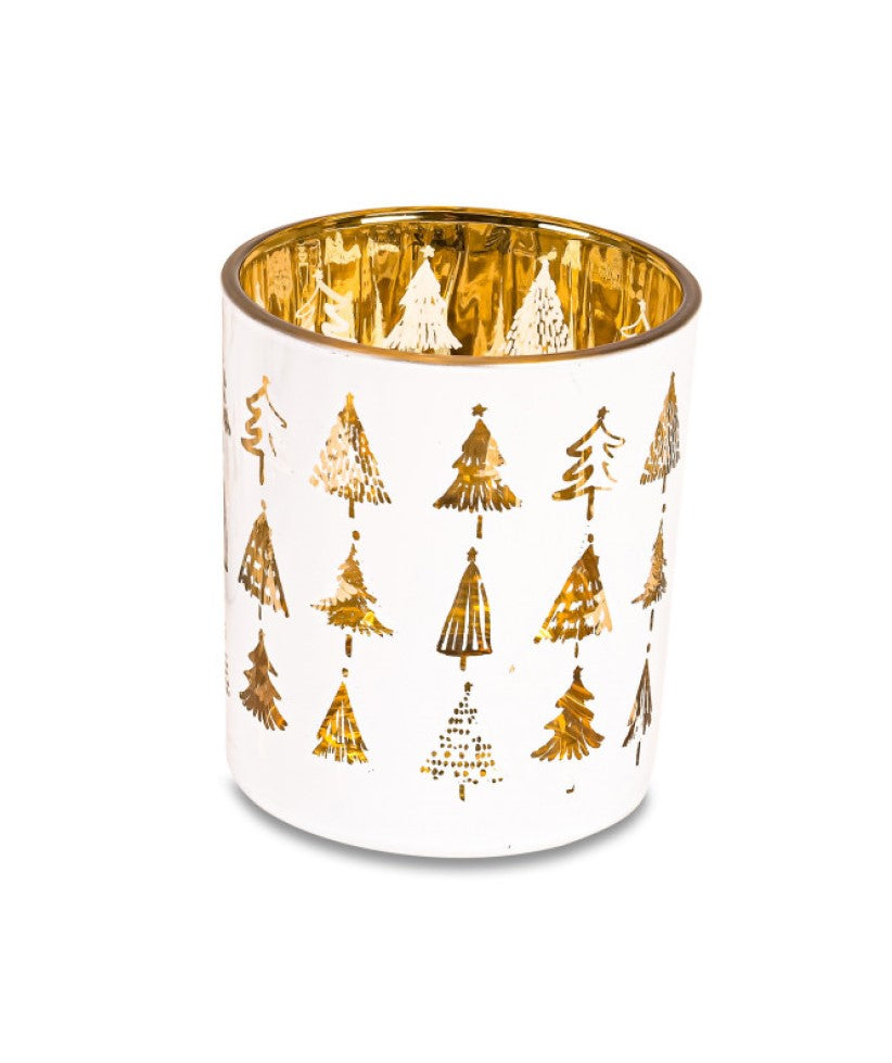 Theelichthouder Wit Glas – Gouden Kerstbomen – 2 Maten