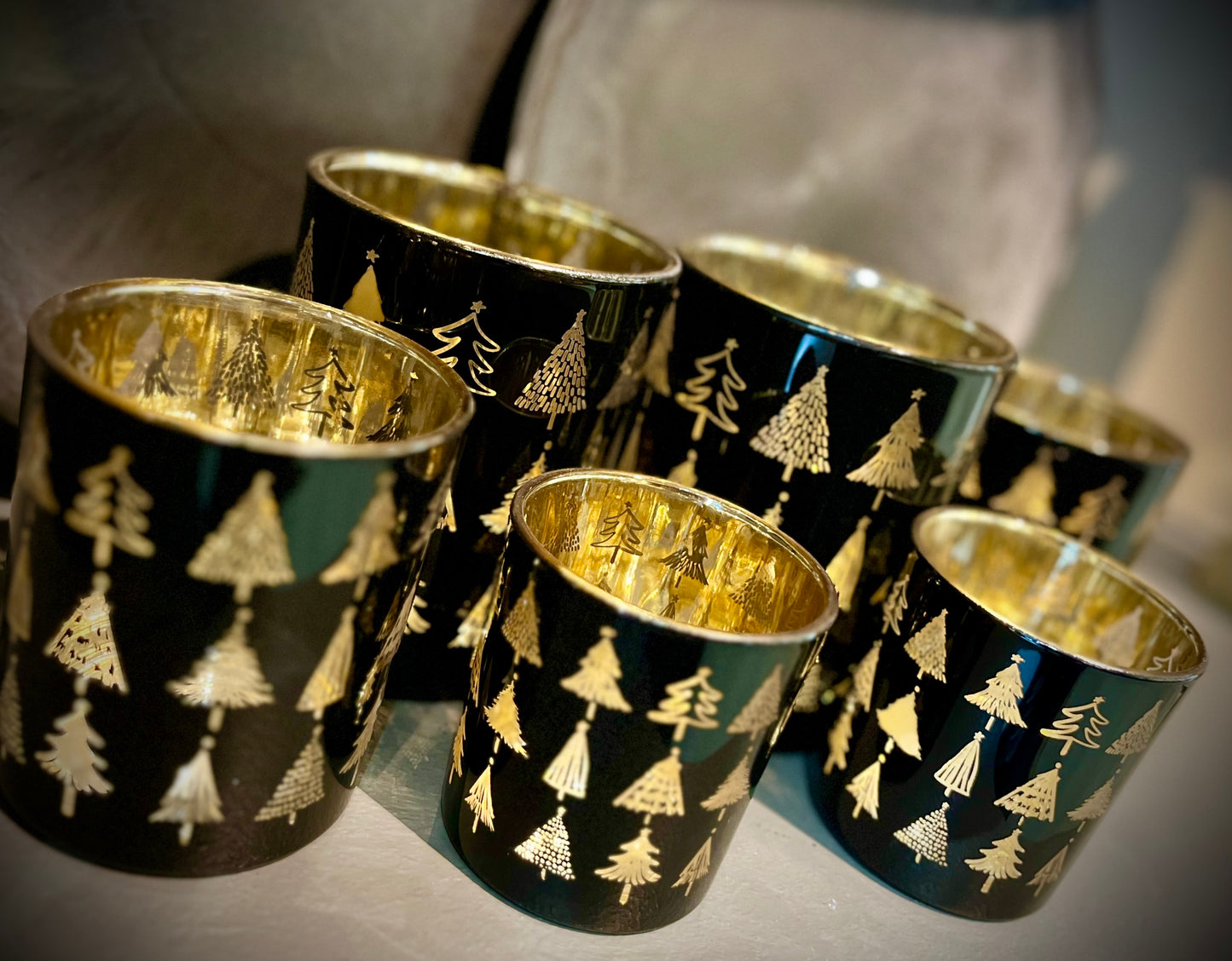 Theelichthouder Zwart Glas – Gouden Kerstbomen – 2 Maten