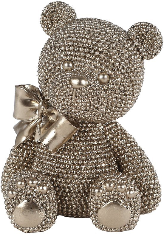Gouden teddybeer beeld met strik en kralenstructuur – 13 cm