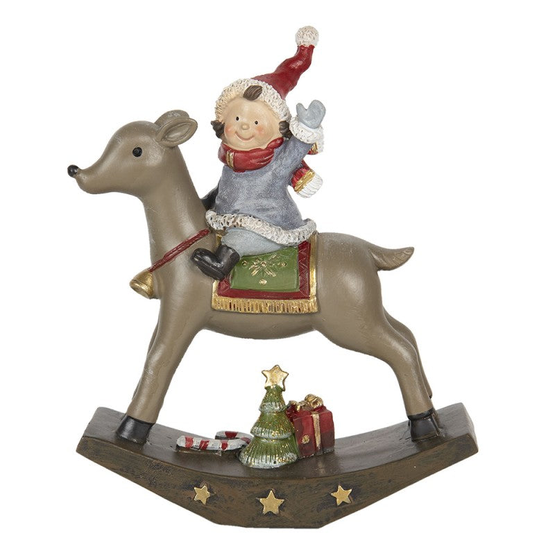 Kerstbeeld van een kindje op een hobbelrendier – keramiek – Clayre & Eef – 16x5x19 cm – kerstdecoratie