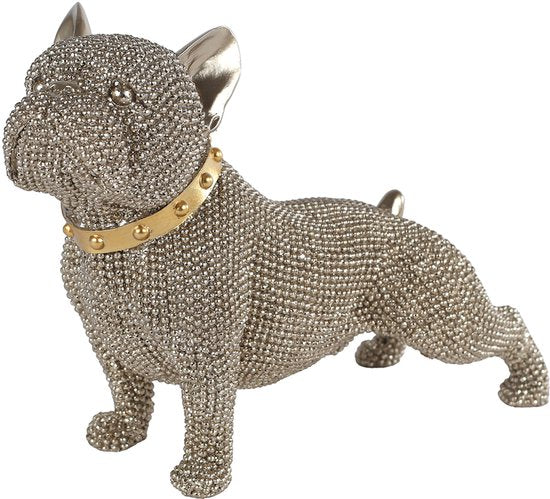 Gouden bulldog beeld met kralenstructuur en halsband – 22 cm