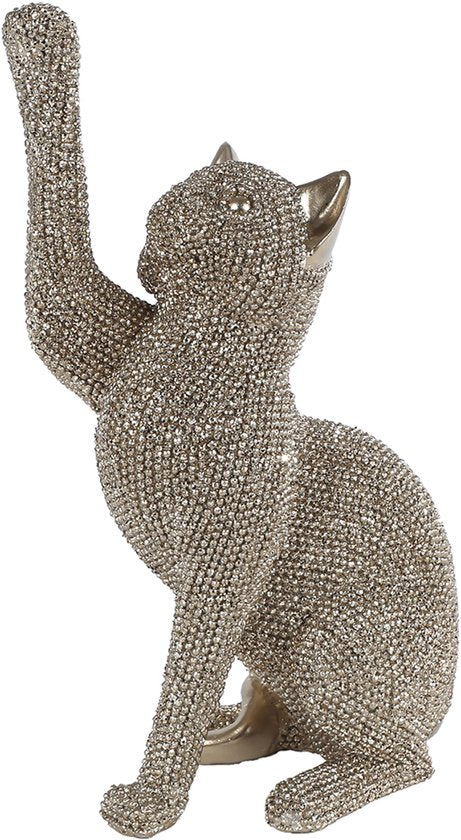 Gouden kat beeld met opgeheven poot en kralenpatroon – 22 cm