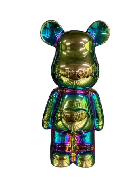 Keramieken berenbeeld met hart in glanzende neon multicolor – moderne woondecoratie