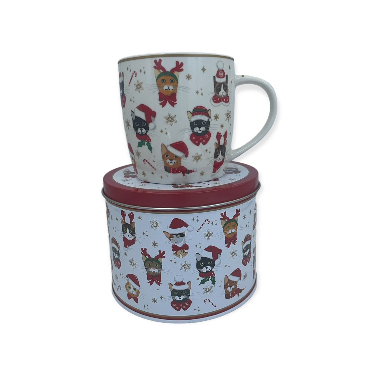 Kerstcadeauset Easy Life – rode mok en blik met kattenprint en kerstmutsen