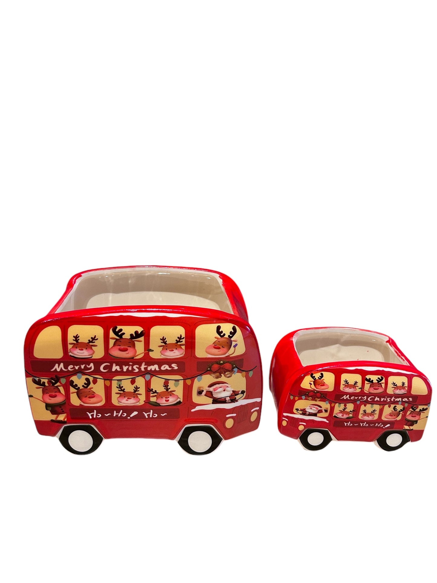 Rode kerst bloempot in de vorm van een bus met rendieren en kerstman – keramiek – 2 maten: 18 cm & 11 cm