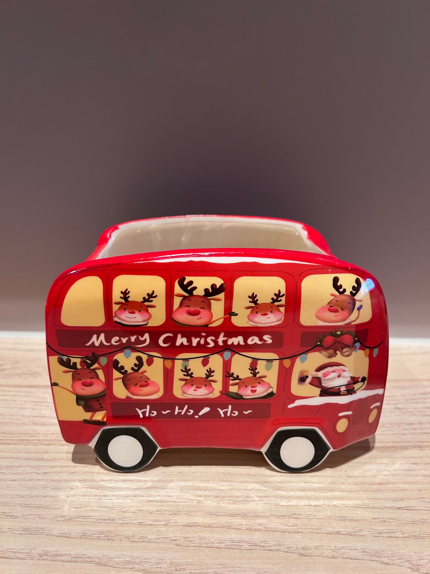 Kerst Bloempot Bus – Rood met Rendieren – Keramiek – 2 formaten