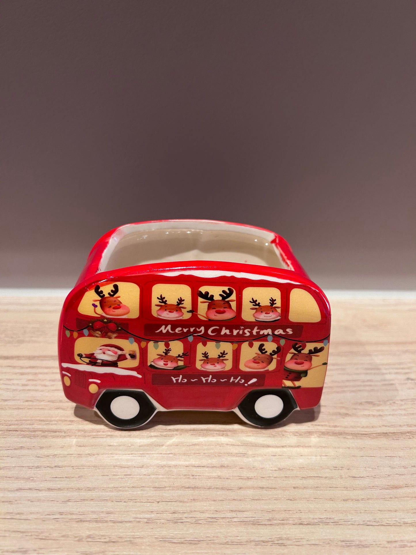 Kerst Bloempot Bus – Rood met Rendieren – Keramiek – 2 formaten