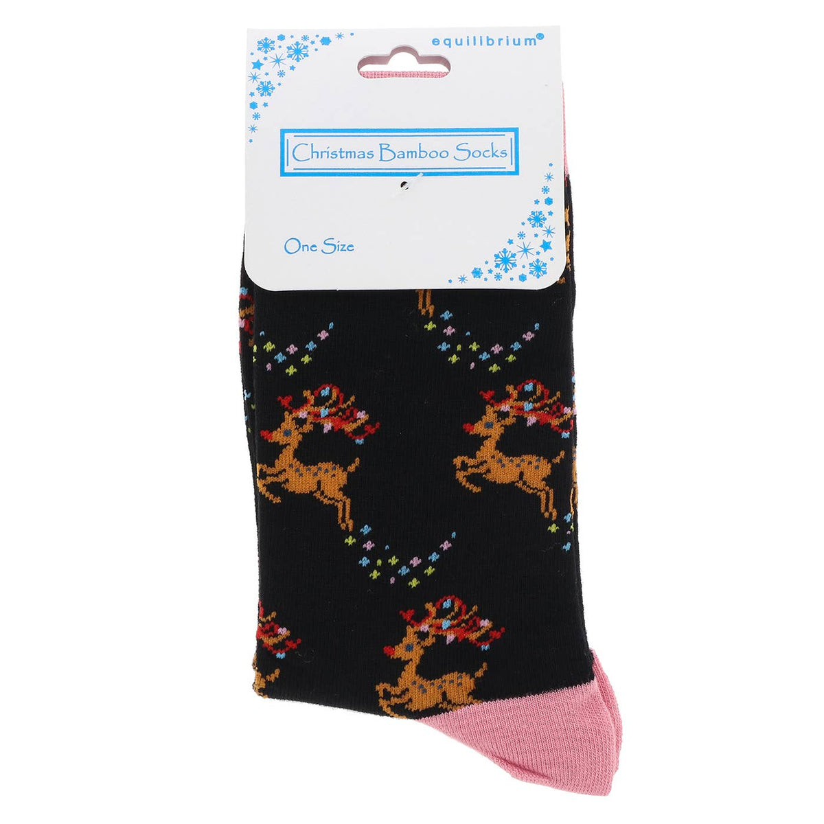 Equilibrium luxe bamboe kerstsokken dames zwart met bruine rendieren, kleurrijke kerstversiering en roze teen maat 36-41
