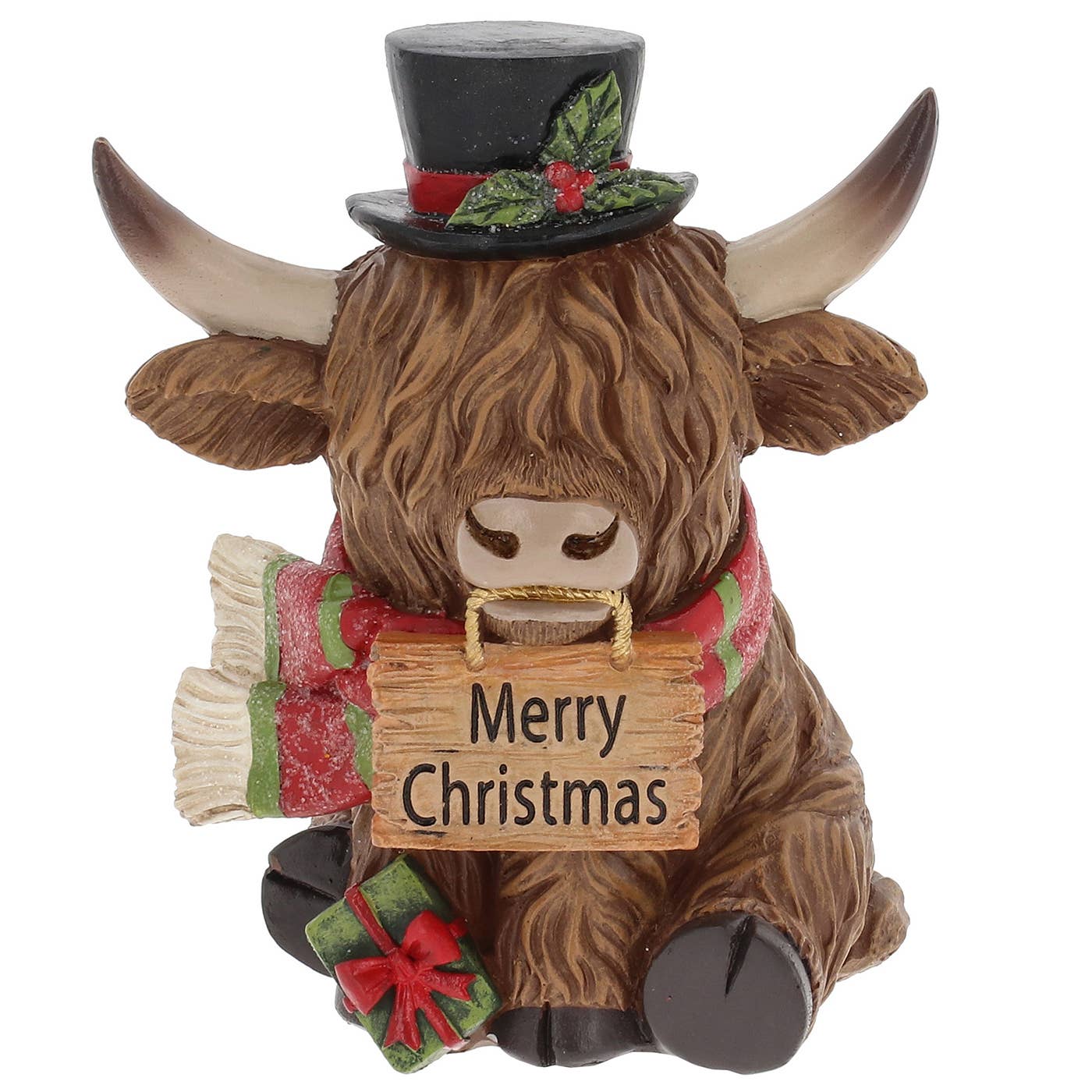 Kerstbeeldje van Schotse Hooglanders met kerstmuts en hoge hoed, met bordje 'Merry Christmas'
