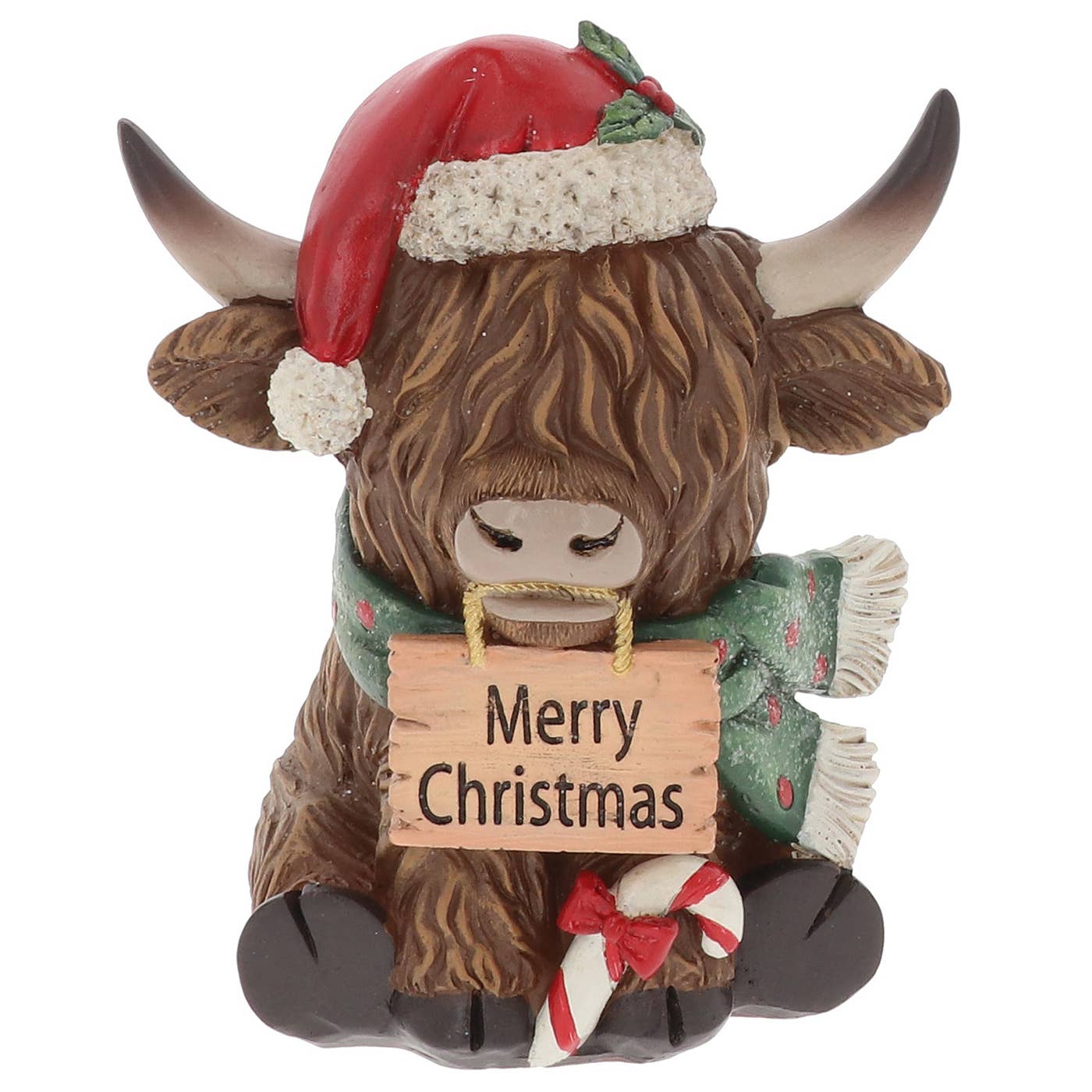 Kerstbeeldjes van Schotse Hooglanders met kerstmuts en hoge hoed, met bordje 'Merry Christmas'