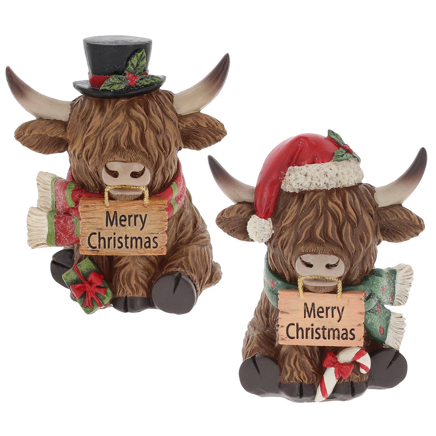 Kerstfiguur hooglander met kerstmuts of hoge hoed, bordje Merry Christmas – los figuur of set van 2
