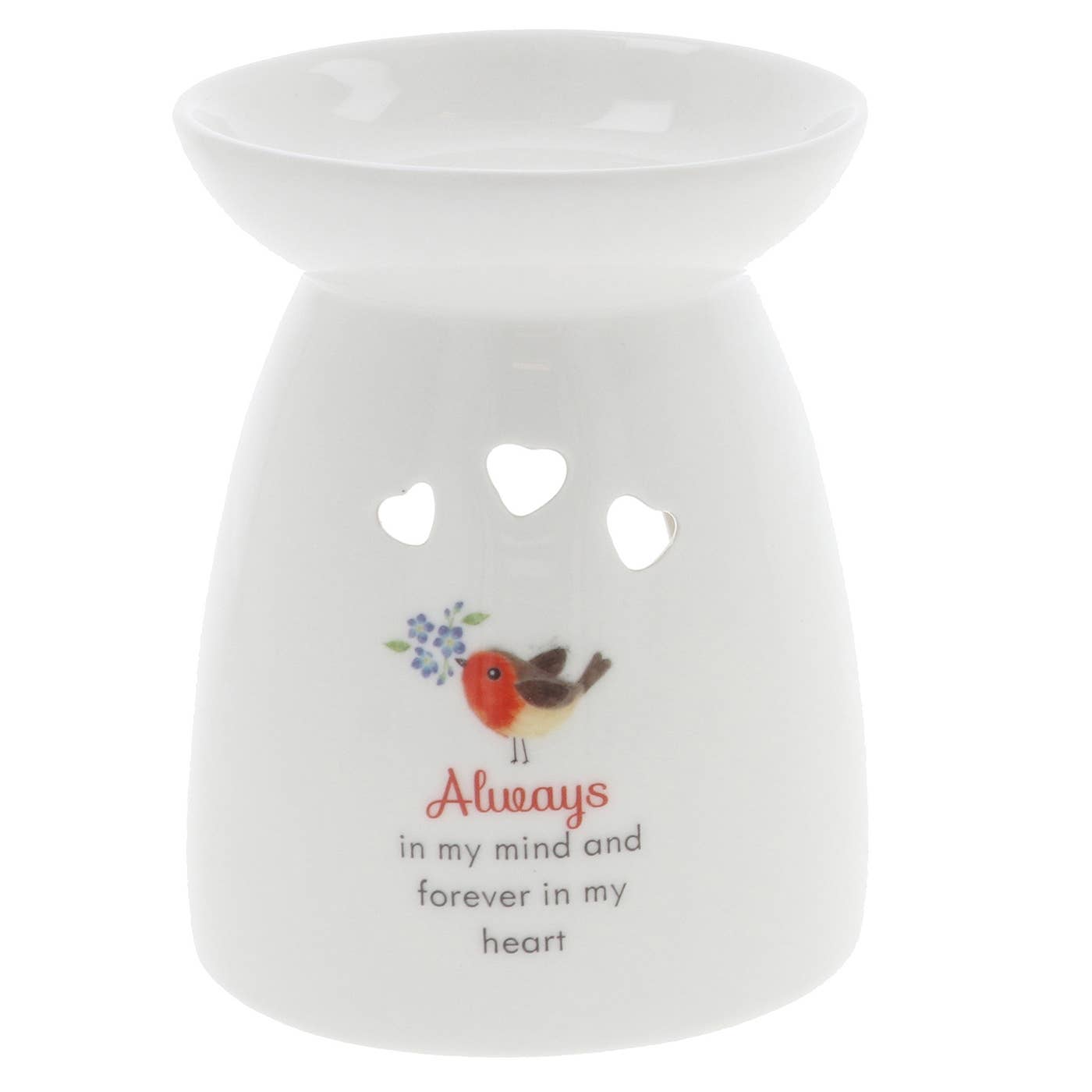 Witte keramieken geurbrander met roodborstje en tekst “Always in my mind and forever in my heart”