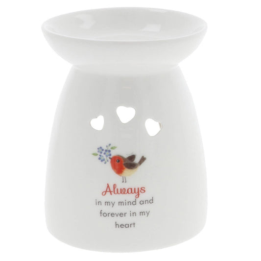Witte keramieken geurbrander met roodborstje en tekst “Always in my mind and forever in my heart”