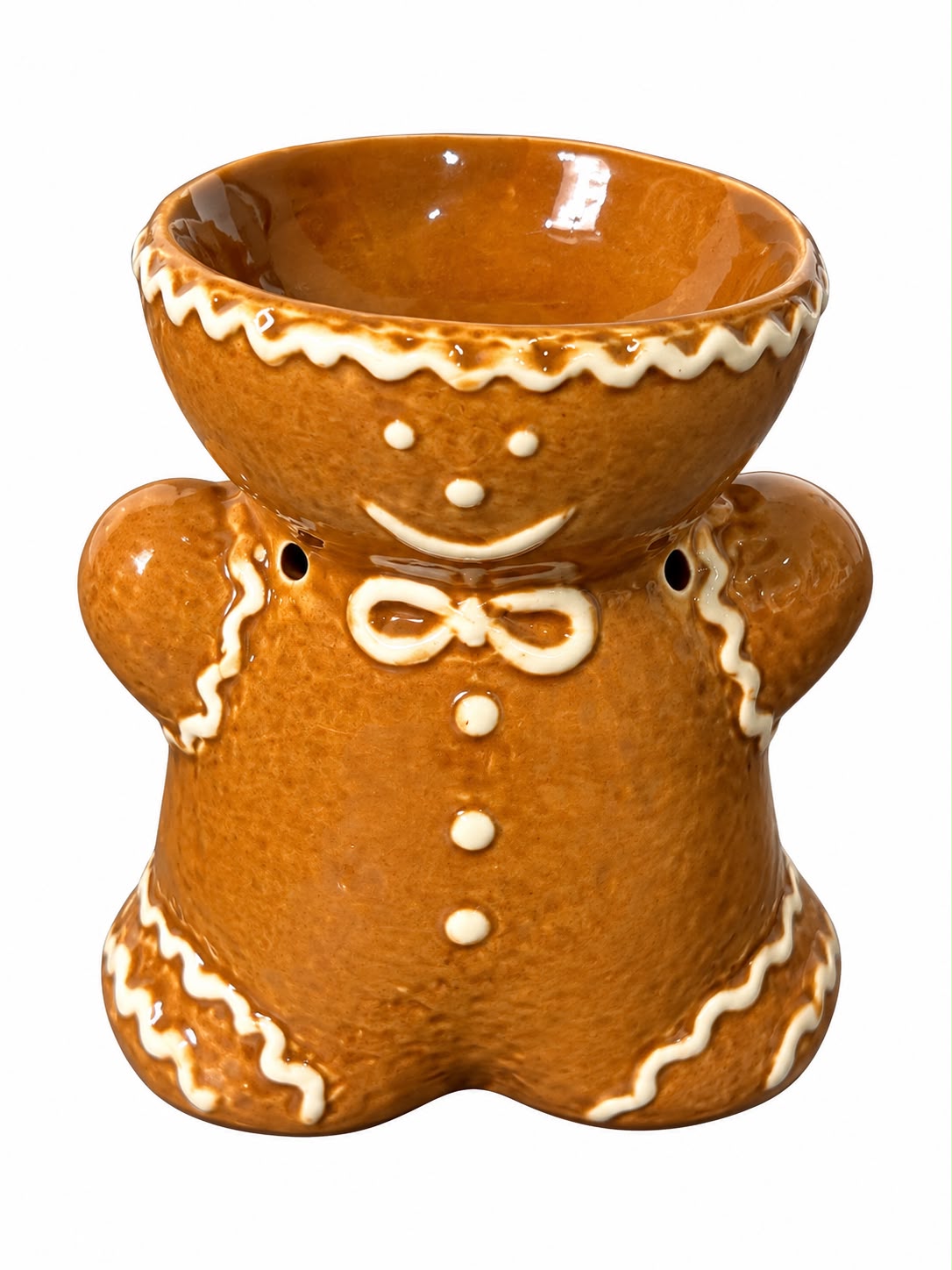 Bruine geurbrander in de vorm van een peperkoekmannetje met witte glazuurdetails en schaaltje bovenop, dolomiet, 11,5 cm hoog.