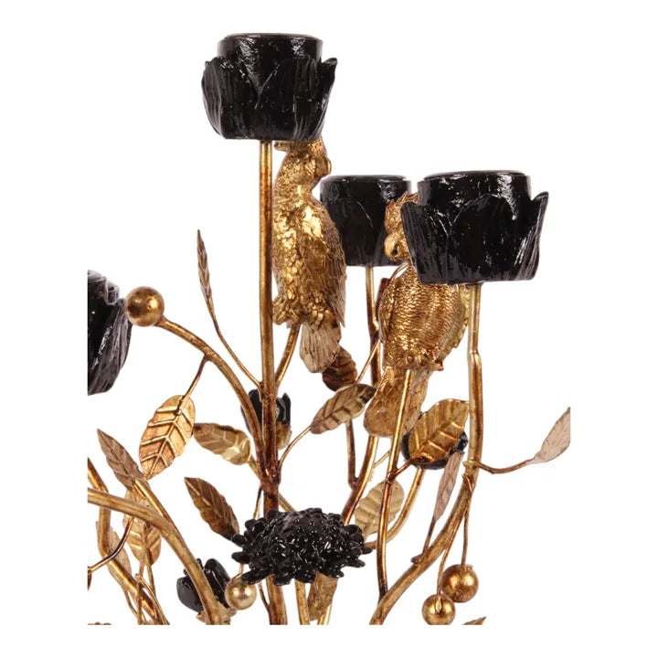 Gouden Kandelaar Leeuw met Vogels – 36 cm – Dutch Style – Luxe Dierendecoratie
