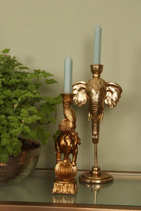 Gouden Kandelaarsculptuur met Olifant & Vogel – Dutch Style – 27 cm