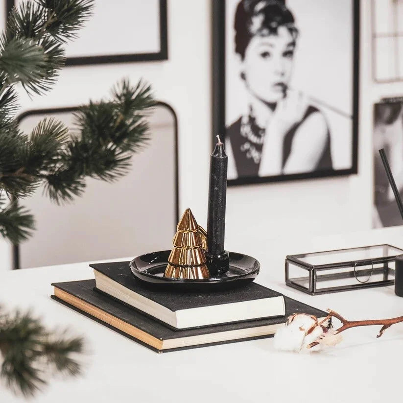Kandelaar Schaaltje Kerstboom & Huisje – Zwart & Goud
