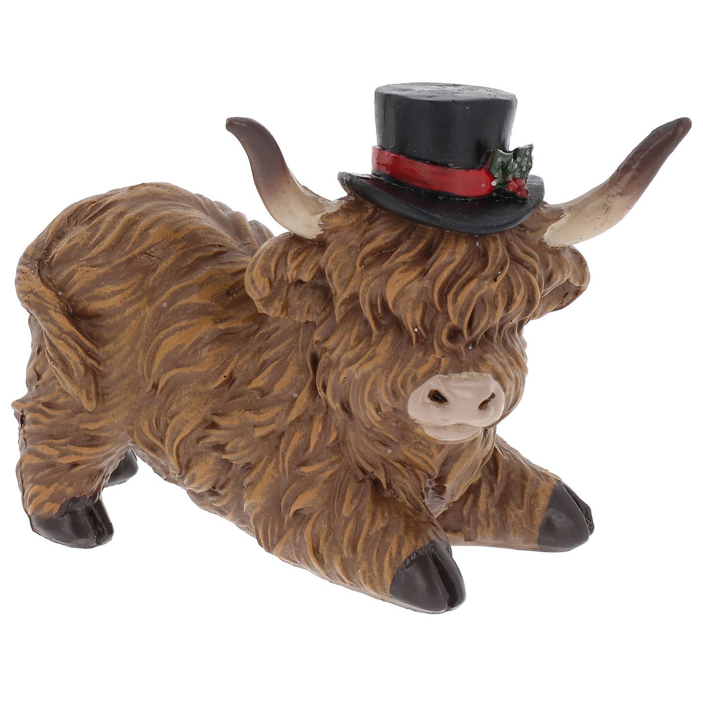 mini kerstbeeldje van Schotse Hooglanders met hoge hoed, in liggende pose