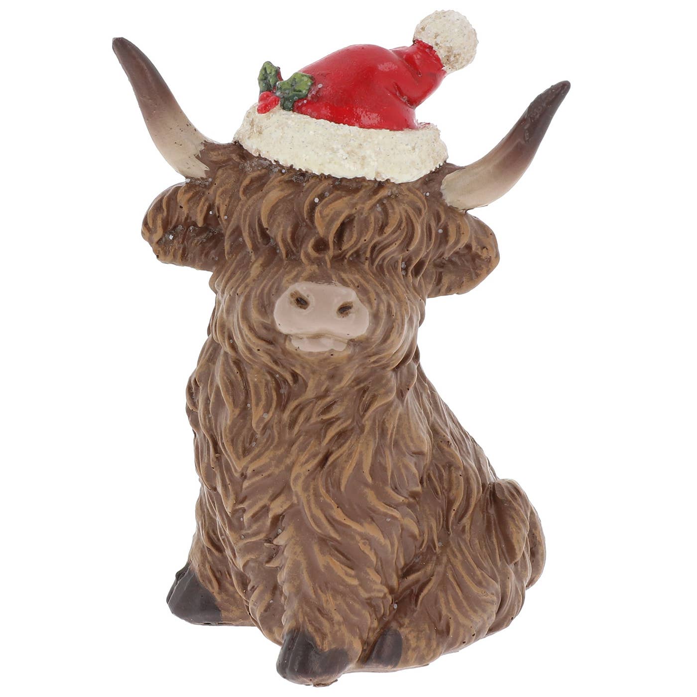 mini kerstbeeldje van Schotse Hooglander met kerstmuts in zittende pose