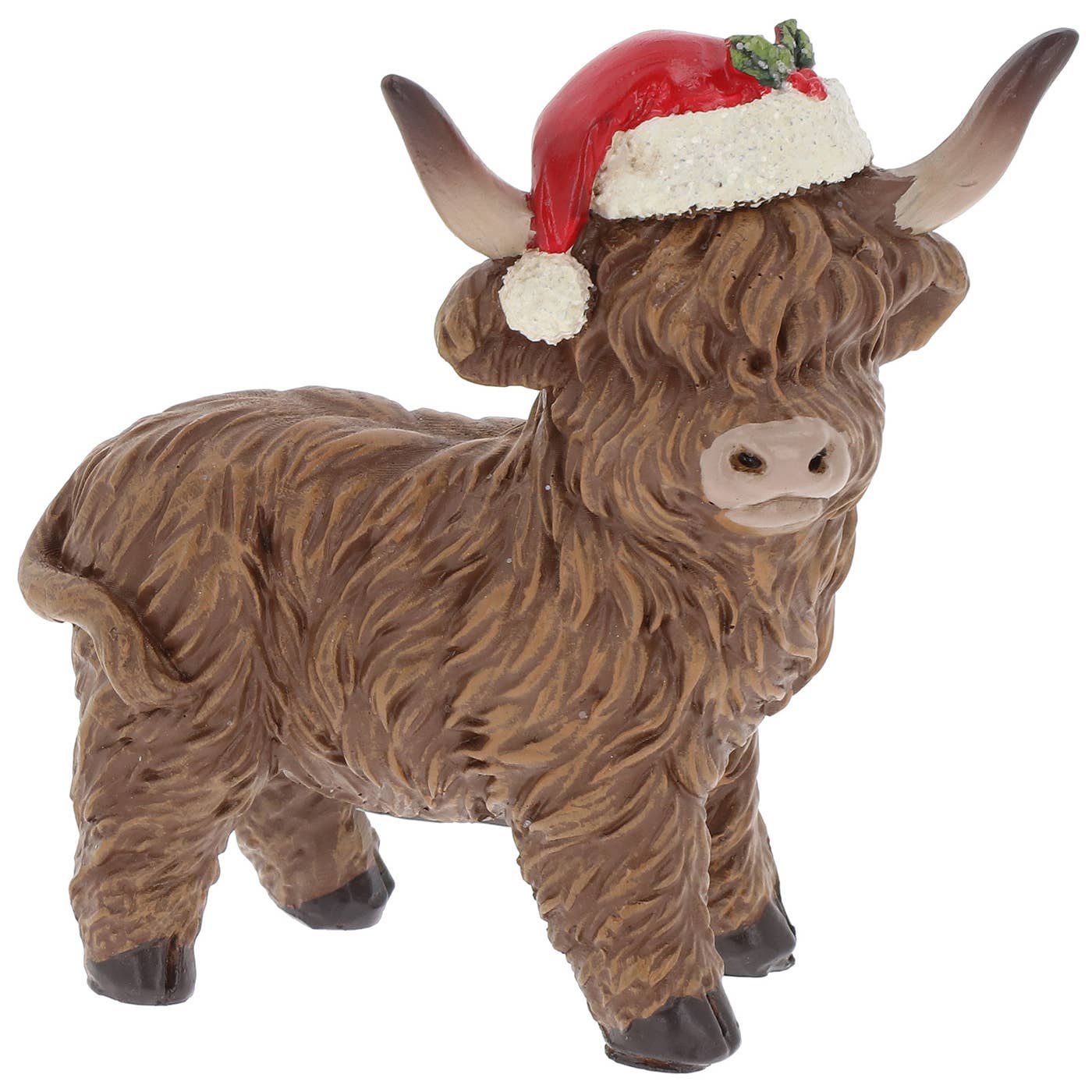 mini kerstbeeldje van Schotse Hooglandersmet kerstmuts of hoge hoed, in staande pose