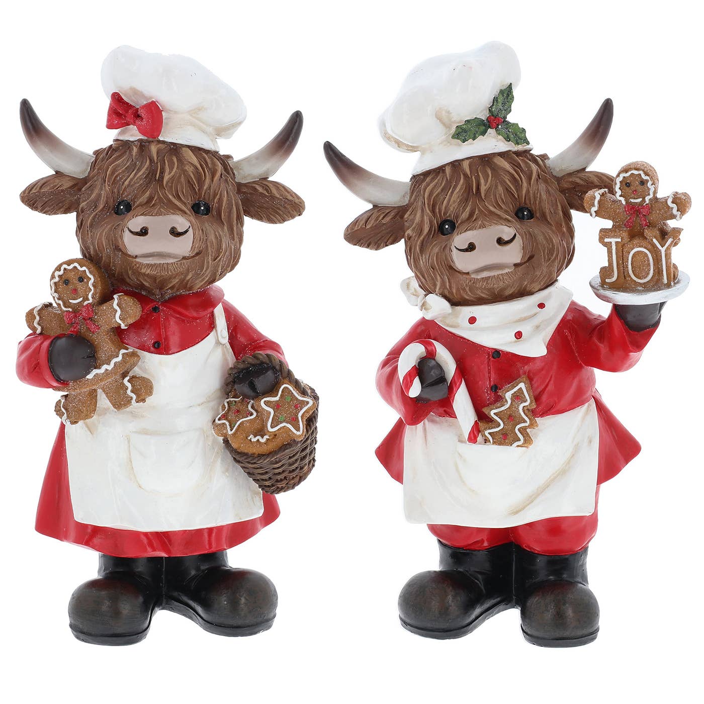 Set van 2 hooglander kerstfiguren – bakker met koekjes en collega met candy cane “Joy”