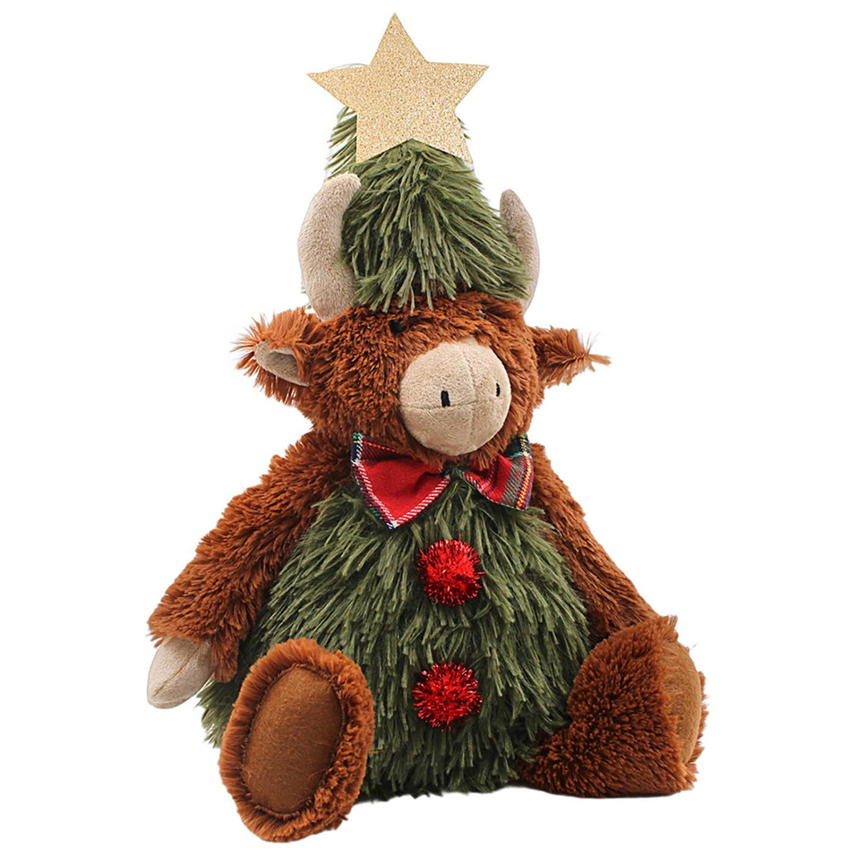 Decoratieve Schotse hooglander kerstfiguur van polyester met bruine vacht, groene kerstboomoutfit, gouden ster en rode pompons, 29 cm zittend