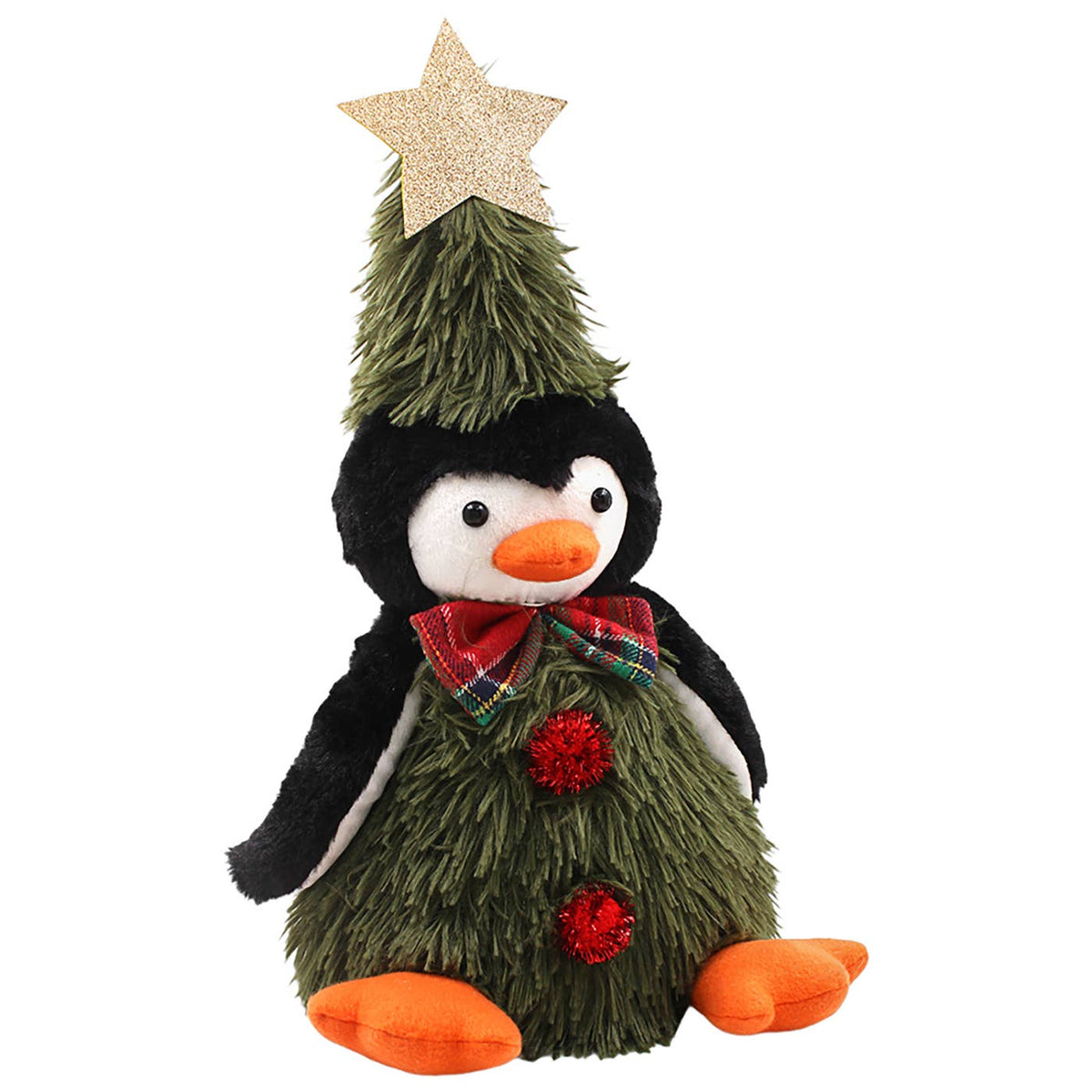 Zachte pinguïn kerstdecoratie van 100% polyester met groene kerstboomoutfit, gouden glitterster, rode pompons, geruite strik en oranje poten, 29 cm zittend