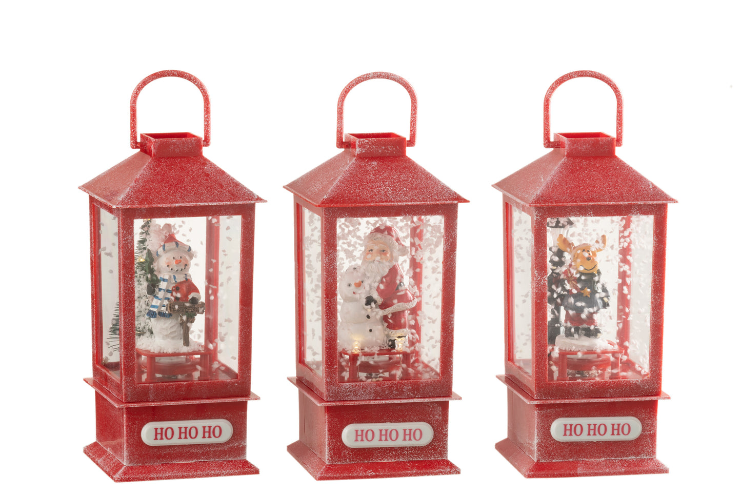 Kerstlantaarn met LED licht, muziek en sneeuweffect – J-Line – verkrijgbaar met kerstman, sneeuwpop of rendier – 19 cm
