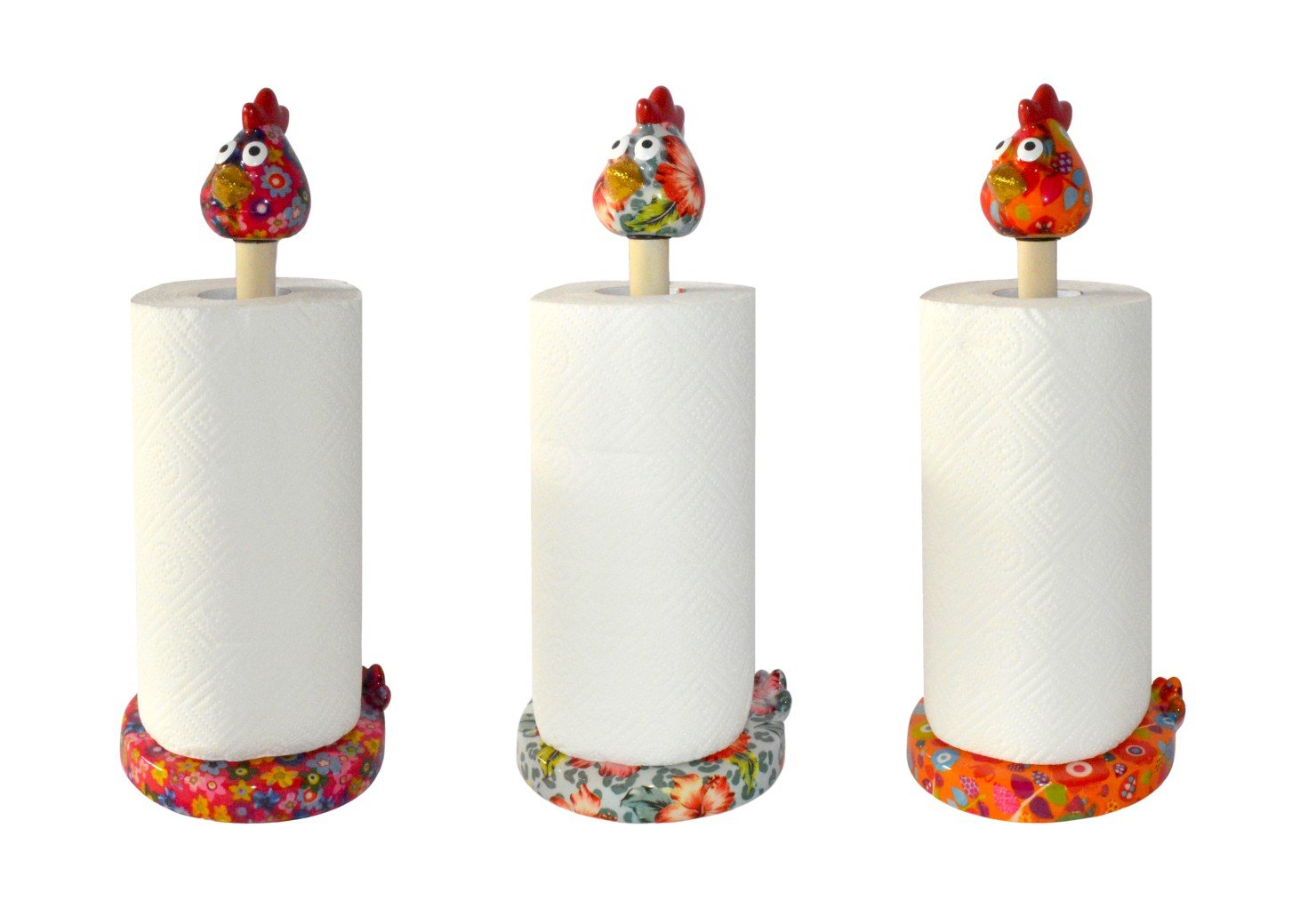 Pomme Pidou keukenrolhouder kip Matilda in Funky Flowers Pixiepurple, Hibiscus Mint Kiss en Tea For Two – keramiek – Krokomingo