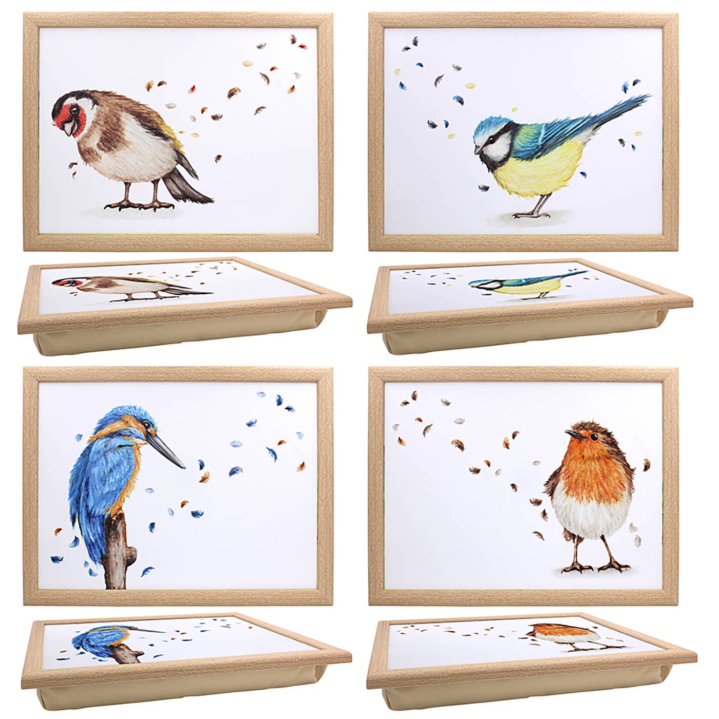Laptrays met schootkussen en aquarelillustraties van tuinvogels zoals roodborstje, ijsvogel en pimpelmees