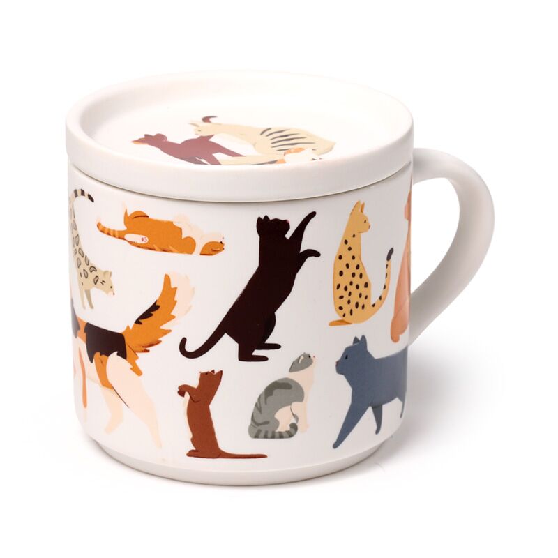 Porzellan-Katzenbecher mit Deckel – mit Illustrationen – Krokomingo