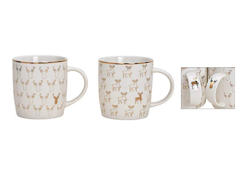 Witte mokkenset van porselein met gouden rendieren en accenten – set van 2 – 340 ml – Gebr. Wurm