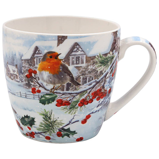 Wintermok met roodborstje, sneeuw en kersthuisjes – keramiek 300 ml – Krokomingo