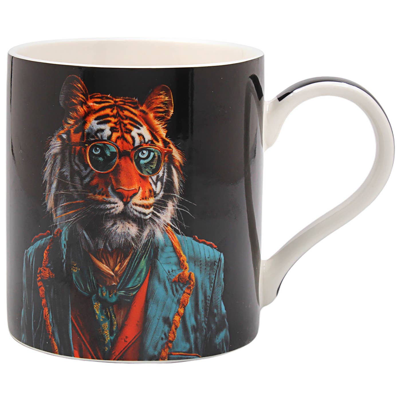 Keramische mok met afbeelding van een tijger in blauw-rood pak en oranje bril – kunstzinnige dierenmok