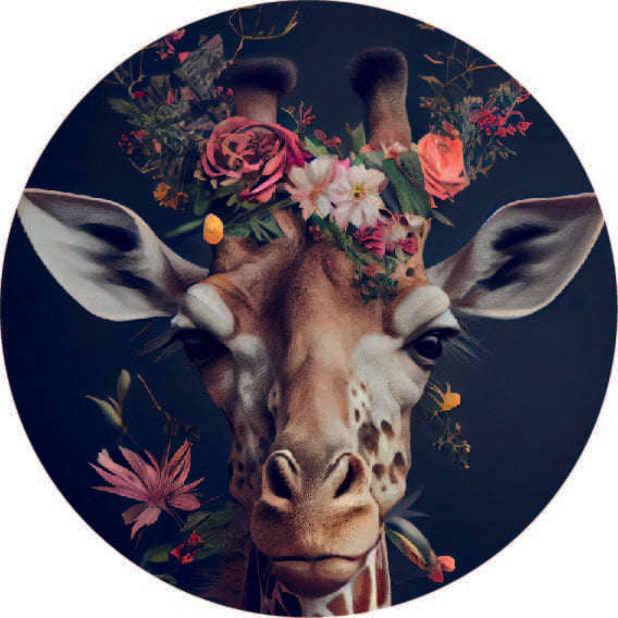 Muurcirkel Forex – giraffe met bloemenkrans – 20 cm & 30 cm diameter