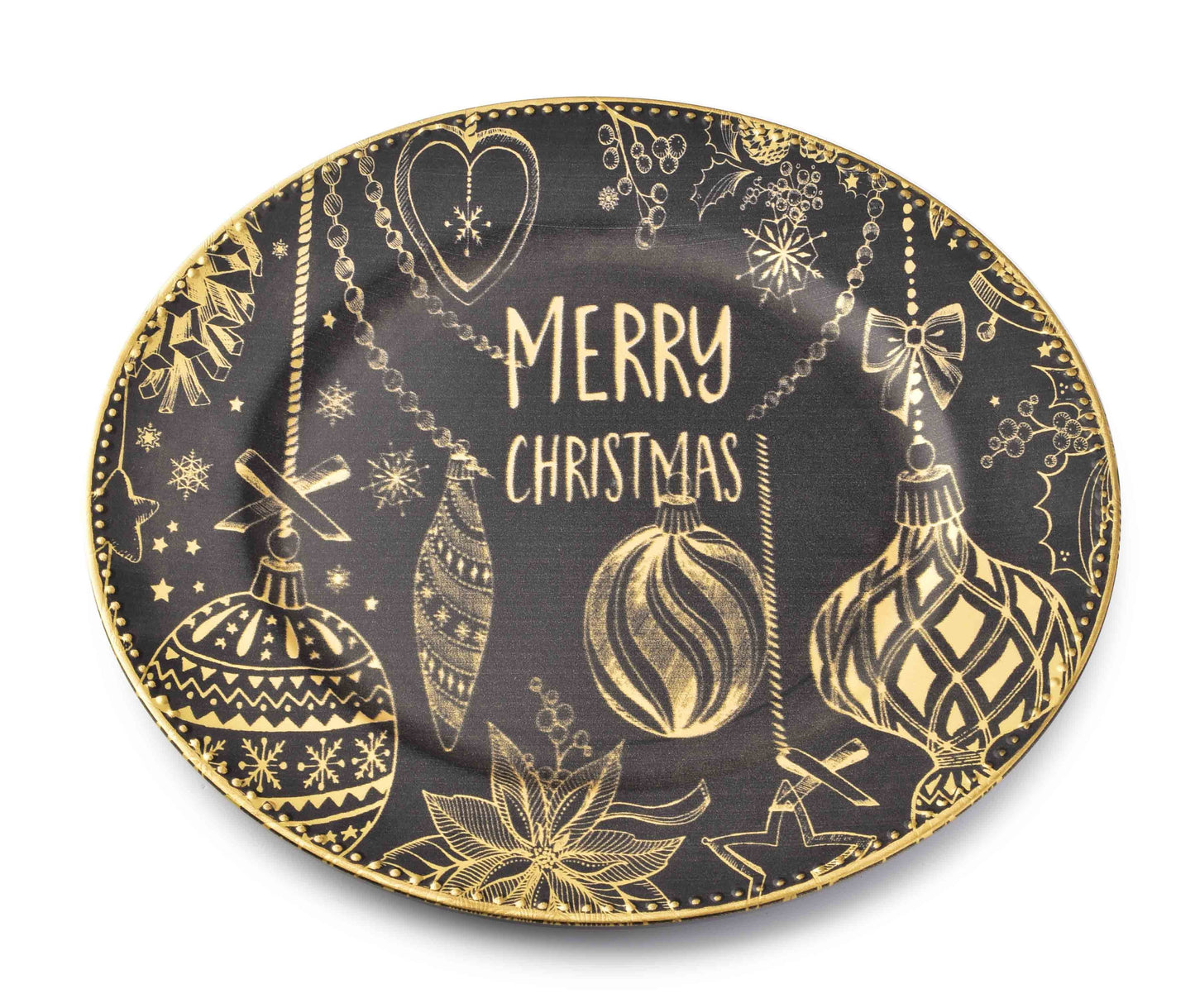 Rond kerst plateau / onderbord met zwart-gouden print – Ø 33 cm – feestelijke kerstsfeer