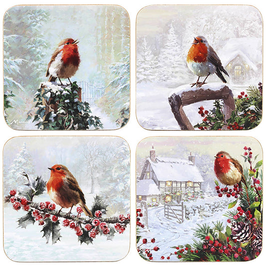 Set van 4 winteronderzetters met roodborstjes – sneeuwlandschap en kerstdesign – Krokomingo