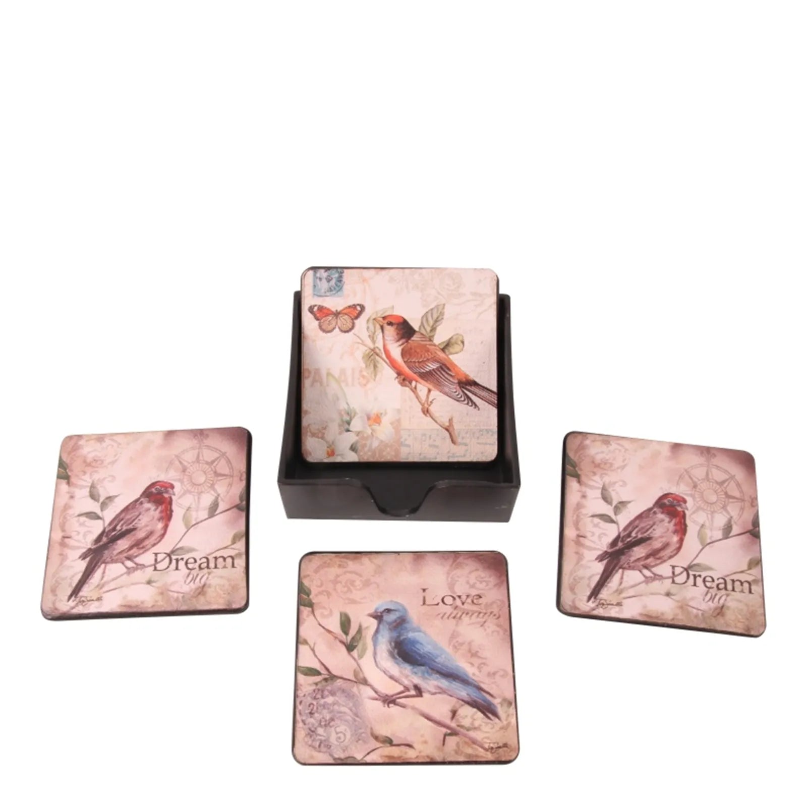 Set van 6 onderzetters met vogelprints in zwarte houder – Dutch Style